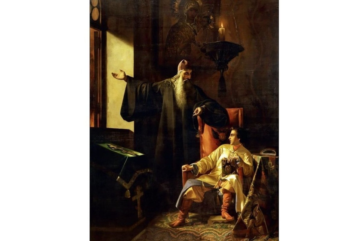    Царь Иоанн Грозный и иерей Сильвестр во время большого московского порохового пожара 24 июня 1547 года. Картина художника Павла Плешанова. Предоставлено Андреем Останиным