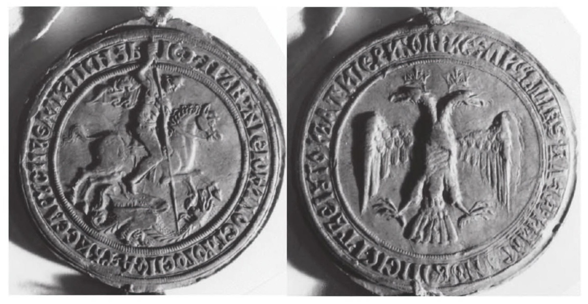 Печать Ивана III. 1497 год. На лицевой стороне - всадник с копьём, но не святой (нет нимба), оборотная сторона - двуглавый орел.