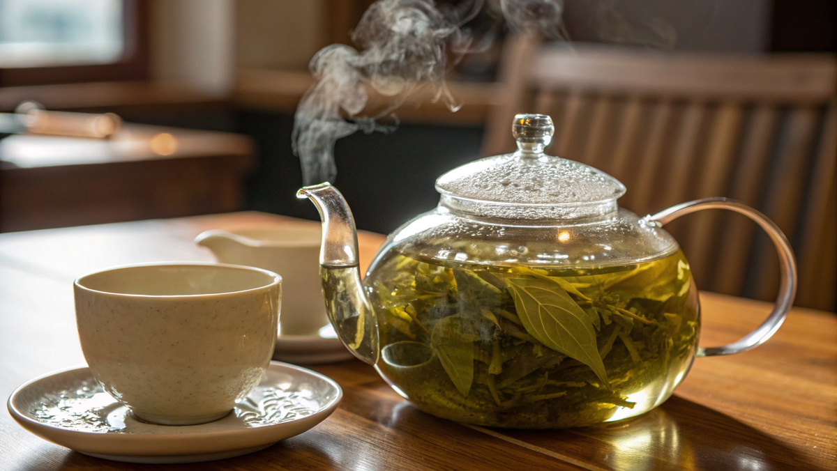 Фото: Стеклянный, прозрачный заварочный чайник. Внутри — красиво "раскрывшиеся", цельные листья зеленого чая.