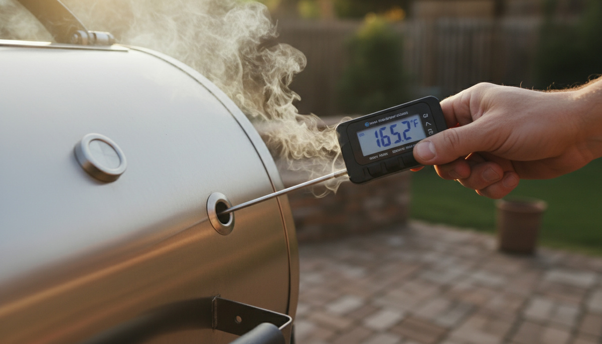    Рука с зондовым термометром у коптильни