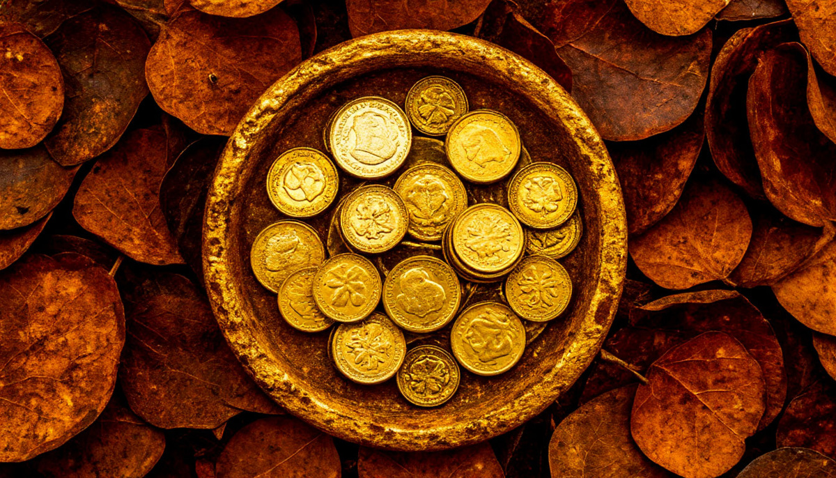 Золотые монеты, превращающиеся в ржавые листья при контакте с энергией вреда, замкнутый круг, где яд возвращается к источнику, нарушая естественную циркуляцию изобилия.