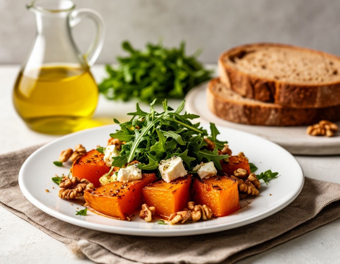 Салат из запеченной тыквы с рукколой, козьим сыром и орехами