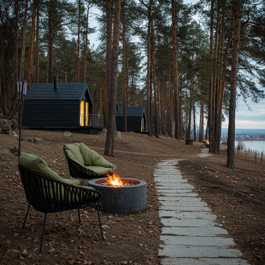 Эскиз для согласования с заказчиком, глэмпинг на берегу озера. Архитектор Коробейникова А.