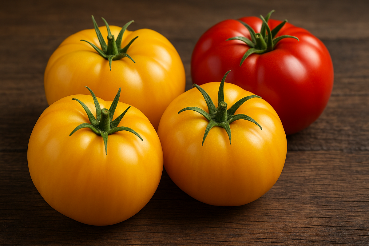    Томаты желтого цветя мягче красных и менее кислые, но при этом уступают им по пищевой ценности