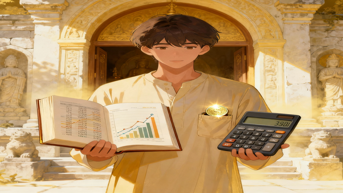 Человек/персонаж с книгой или символом финансовой грамотности (например, книга с диаграммами, калькулятор или монета как символ веры) в руках, на фоне религиозных атрибутов или храмовых форм.