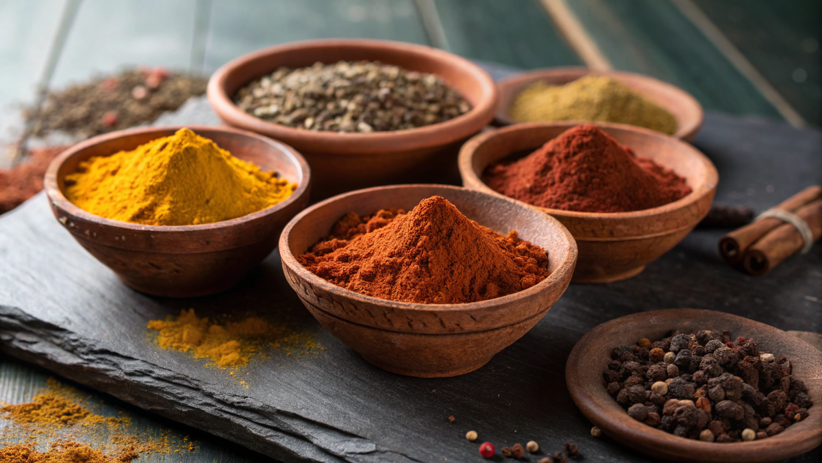 Фото: Яркие горки специй: желтая куркума, коричневый кориандр, зира, красная паприка и темная смесь Гарам Масала.