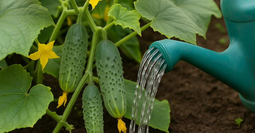 поливаю огурцы тёплой водой
