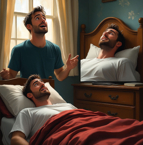  одной стороны — человек в истерике «Это настоящая трагедия!», с другой — тот же человек, проснувшийся: «Ой, это же был сон!»