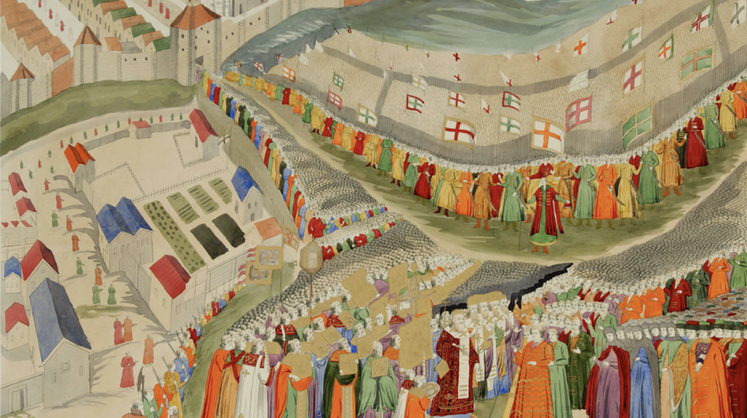    «Коронационный альбом», XVII в. Общественное достояние Встреча Михаила Романова в Москве 2 мая 1613 года. Епископ Кирилл во главе духовенства на ковре кадит Михаила Романова