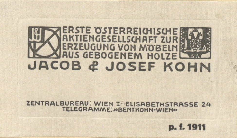 Визитная (торговая) карточка фирмы Jacob & Josef Kohn, Вена. 1911 год