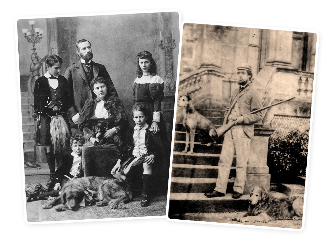 Фото слева: Леди Абердин в кругу семьи, дочь селекционера Дадли Марджорибэнкса, который считается основателем породы золотистый ретривер.
Фото справа: Дадли Марджорибэнкс и Ноус – желтый (гафирношерстный) ретривер, ставший основой для выведения породы золотистого ретривера.