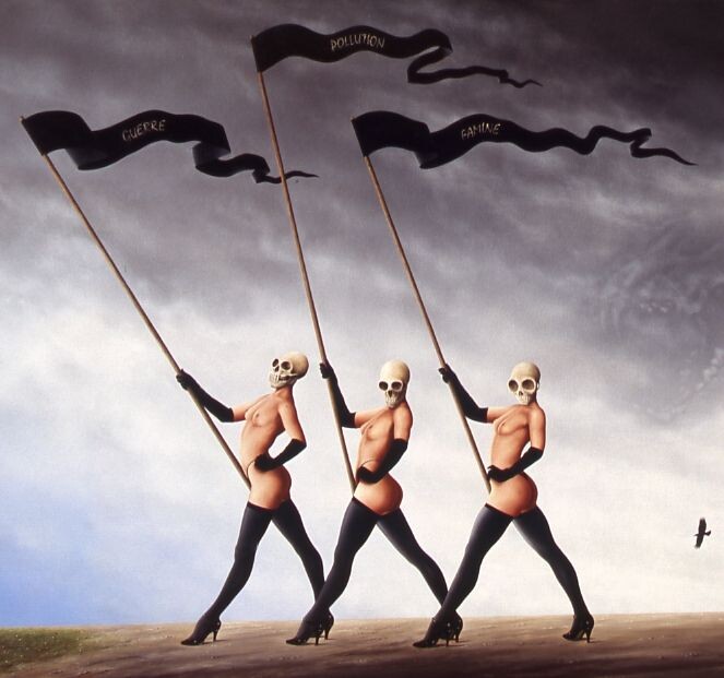 Раймонд Дуайе. Вперед! (фрагмент). Надписи: Война. Загрязнение. Голод.