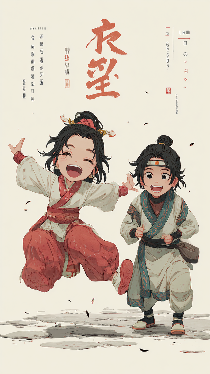 «Двое улыбающихся китайских детей в традиционных костюмах ханьфу радостно играют. Иллюстрация передаёт атмосферу китайской культуры и детской радости — символ лёгкого и весёлого погружения в китайский язык через мультфильмы.»