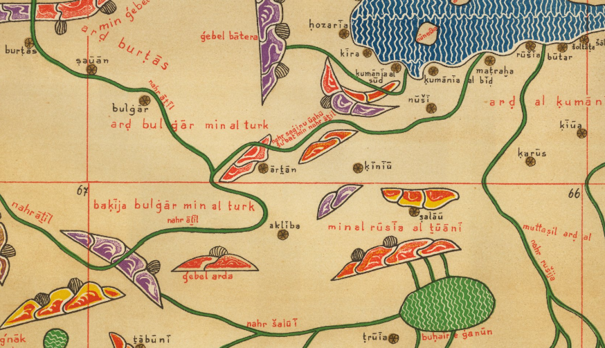 Фрагмент реконструкции карты Мухаммеда аль-Идриси 1154 г. - Charta Rogeriana Weltkarte des Idrisi vom Jahrn 1154 n. Ch. Konrad Miller.