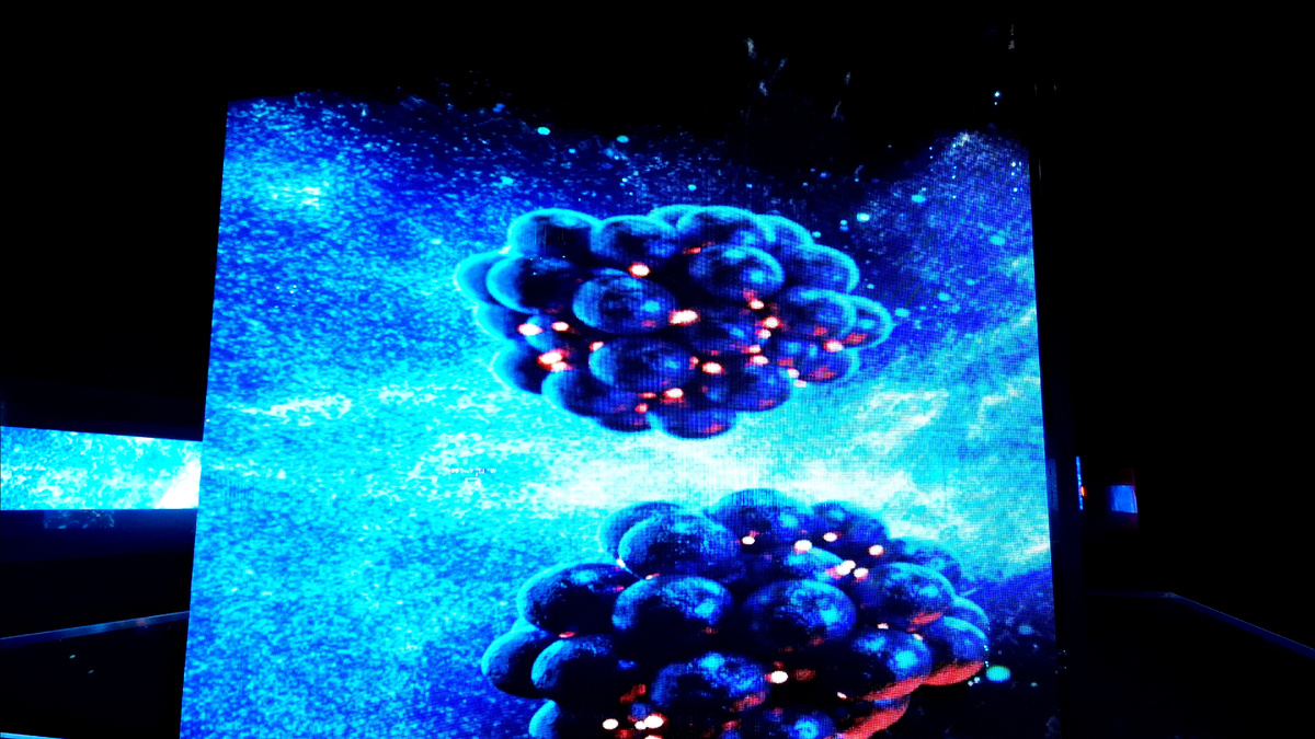 Выставка начинается с тёмной комнаты с кубом