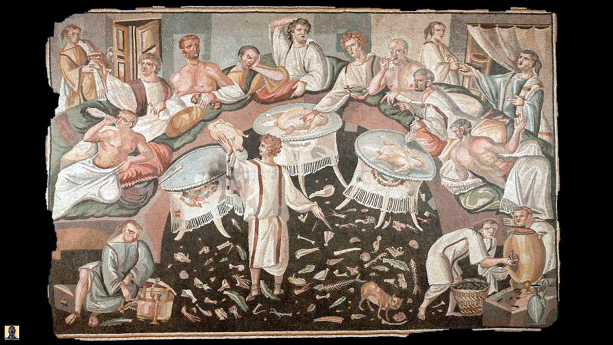 Римская мозаика со сценой симпосия. Датируется III–IV веками н. э.