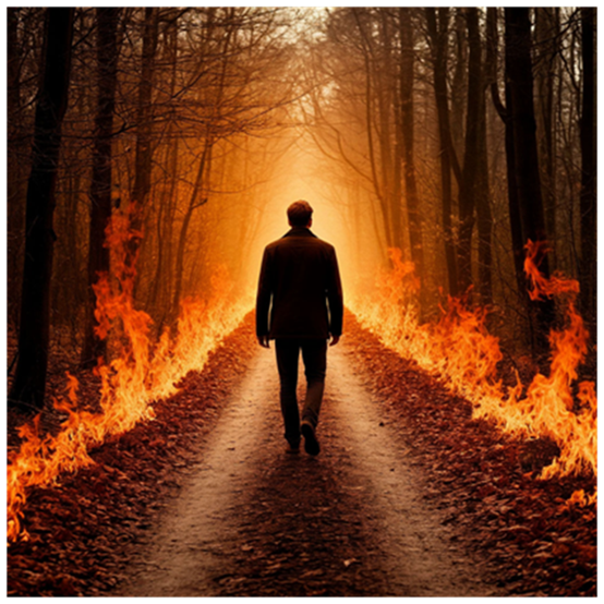 Сгенерировано ИИ- человек с магическим негативом-идёт как по огненной тропе.