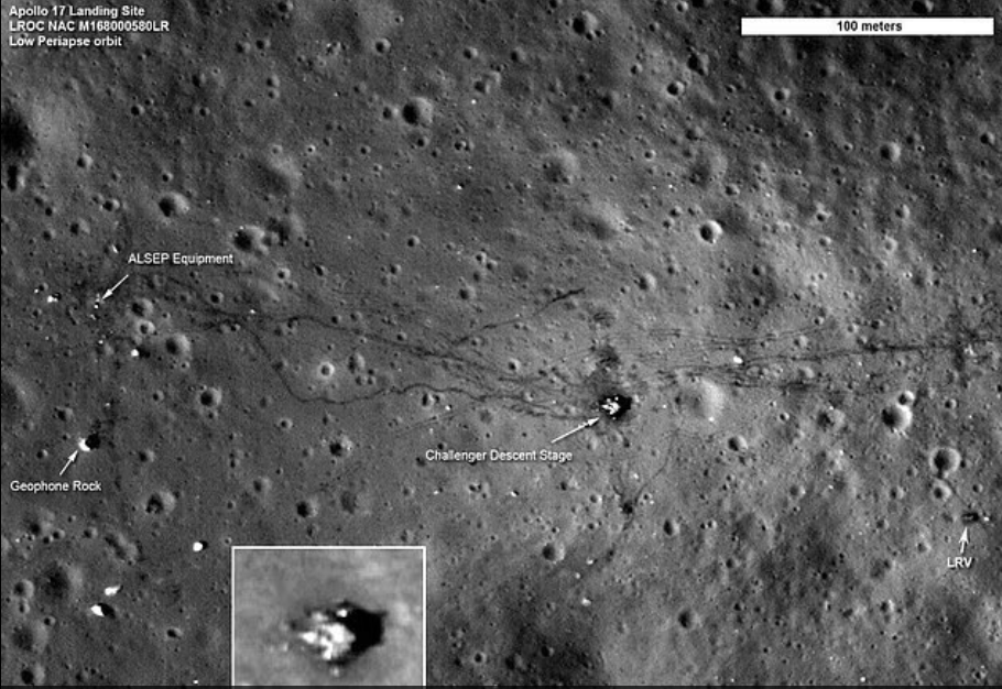 На этом снимке видны следы астронавтов «Аполлона-17» на поверхности Луны, простирающиеся между посадочной ступенью «Челленджера» и оборудованием ALSEP. Они не подвергались эрозии десятилетиями, поскольку у Луны нет атмосферы