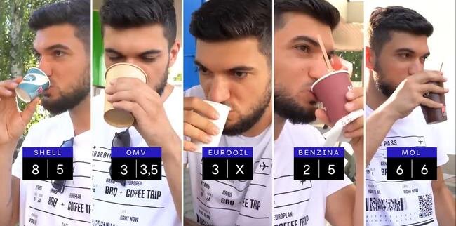 Участник проекта European Coffee Trip дегустирует и сравнивает кофе, купленный на разных АЗС europeancoffeetrip.com