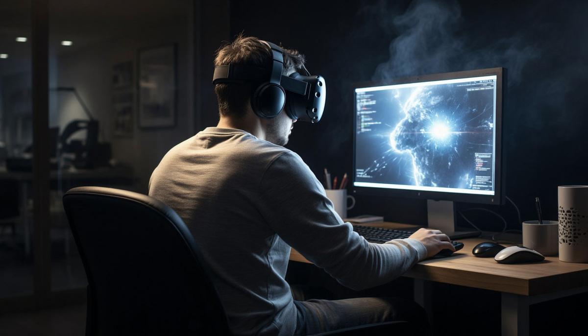 Технология (шлем) становится физическим посредником между человеческим восприятием и цифровым миром, что визуально подчеркивается их композиционным единством.