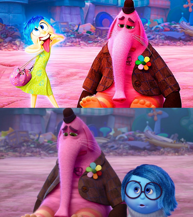 Сверху Радость безуспешно пытается веселить Бинго-Бонго, а снизу Грусть помогает выговориться и проявляет сочувствие