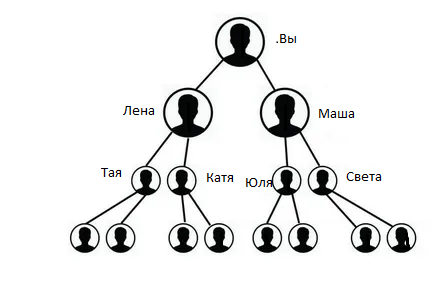 Ваша команда: Вы привели Лену и Машу, Лена привела Таю и Катю, Маша привела Юлю и Свету итд