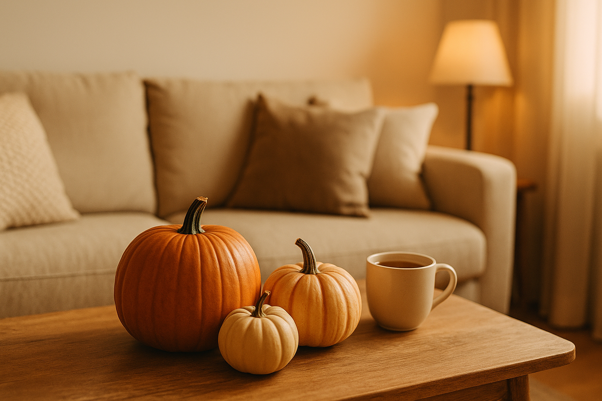 Тёплая домашняя атмосфера, тыквы и чай на столе — создаёт уют и сезонное настроение.