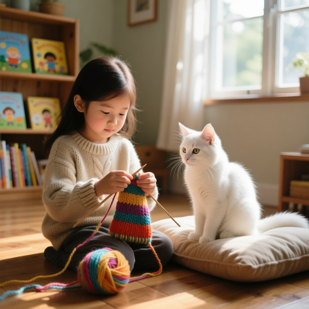 Девочка учится вязать