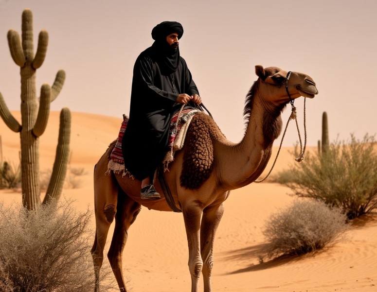 Бедуин на верблюде в пустыне. Черная одежда кочевников — не дань традиции, а продуманная система охлаждения, созданная самой природой