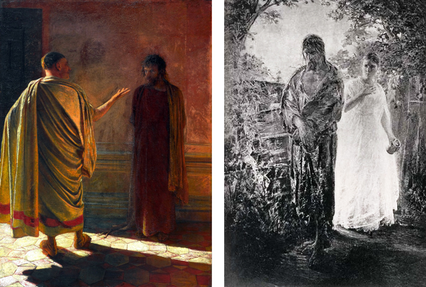 Две картины Николая Ге: "Что есть истина?" ("Понтий Пилат") и пропавшее "Милосердие". Исходные изображения найдены на свободных источниках Интернета.