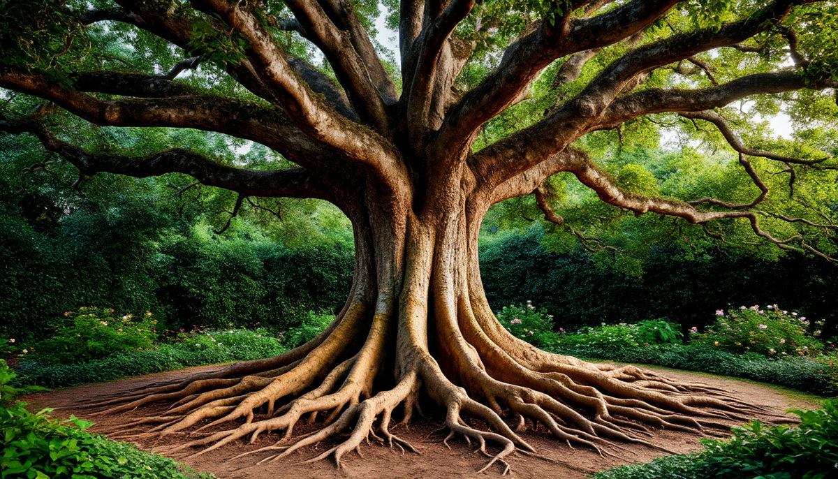 Экология процветания: пышное дерево роскоши с гниющими корнями и скромное дерево умеренности с мощной корневой системой, питающей вечный сад. Роскошь как яркий цветок, вянущий за день, умеренность — как многолетний дуб, дающий тень и плоды годами.