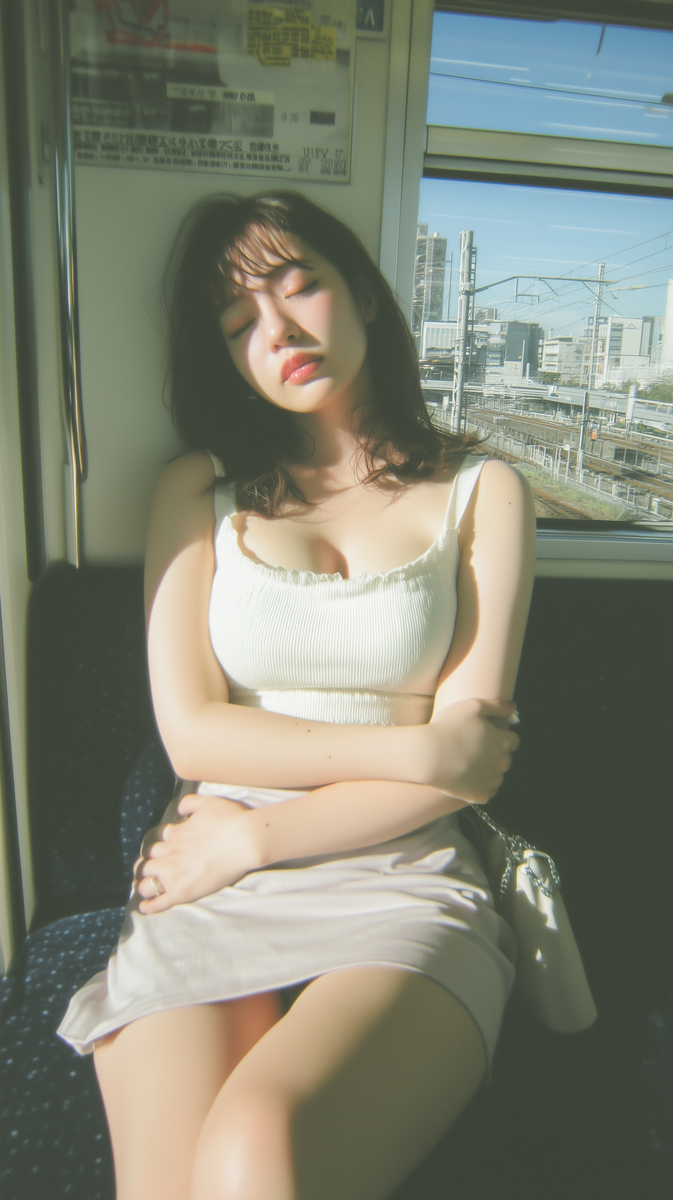 «Девушка в вагоне поезда с закрытыми глазами, отдыхает после занятий китайским языком. Символизирует спокойствие, концентрацию и путь к тому, чтобы говорить китайский без акцента. Фото к статье о том, как улучшить китайское произношение за 30 дней».