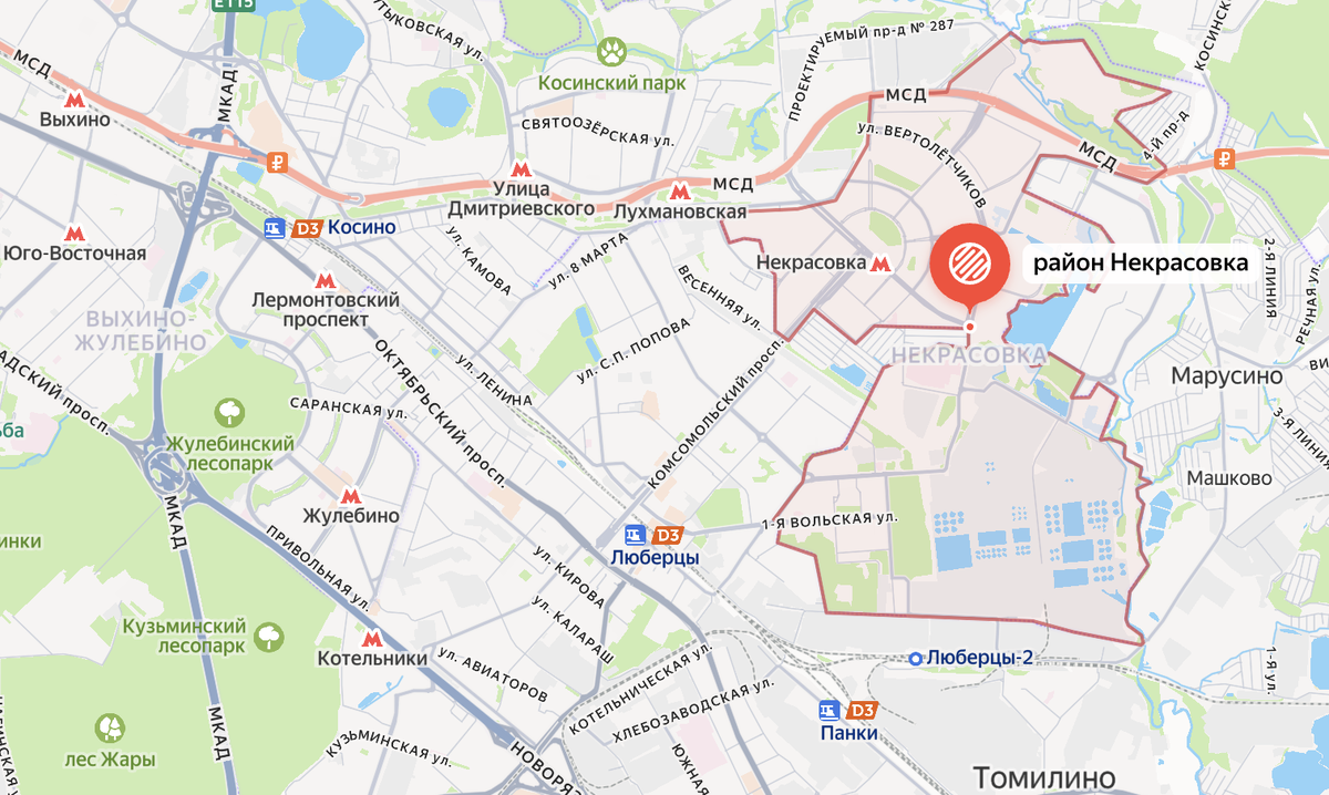 Границы района Некрасовка на карте современной Москвы. Яндекс.Карты.