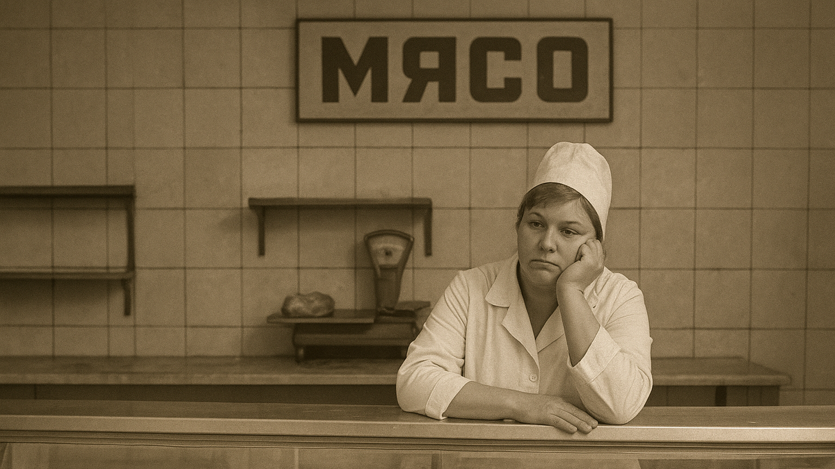 Фото: За прилавком — скучающая продавщица в белом халате