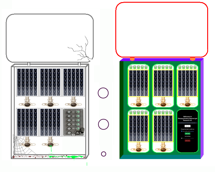 Два распределительных щитка - старый и новый. Из отверстий в стене к старому щитку тянутся 175 тонких проводов, 5 толстых шлангов и 1 высоковольтный кабель (из маленького отверстия)
