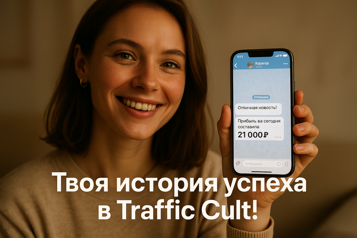 История Марины: «Я бухгалтер. Вся моя работа — это цифры и отчеты. Когда я увидела схемы арбитража, я подумала — это слишком сложно. Оказалось, сложно только выглядит. Внутри Traffic Cult каждый шаг был таким же понятным, как заполнение ведомости. Через неделю я не верила своим глазам — мой телефон принес мне первые 9000 рублей».