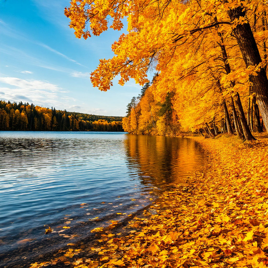 Озеро около берегов было засыпано ворохами желтых листьев. 