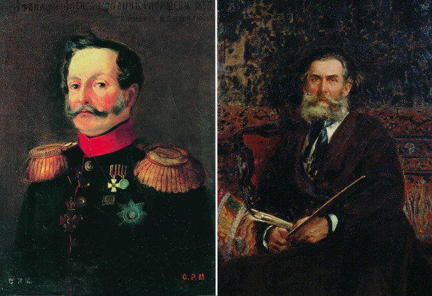 Портрет А. А. Радищева, написанный его внуком Алексеем Боголюбовым (слева). Позже портрет уже Боголюбова будет писать сам Репин (справа). Фото:https://goskatalog.ru