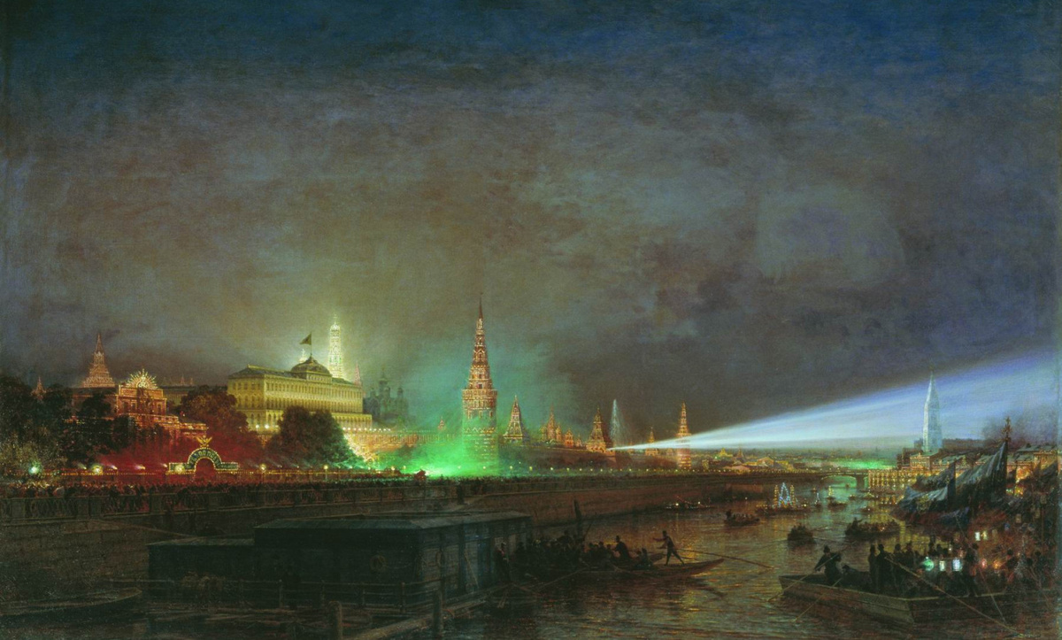 В 1883 году в честь коронации Александра III инженеры установили в Кремле новинку того времени — электрические прожекторы. В виду этого события Боголюбов написал один из своих шедевров, картину «Иллюминация Кремля». Фото: http://www.art-catalog.ru
