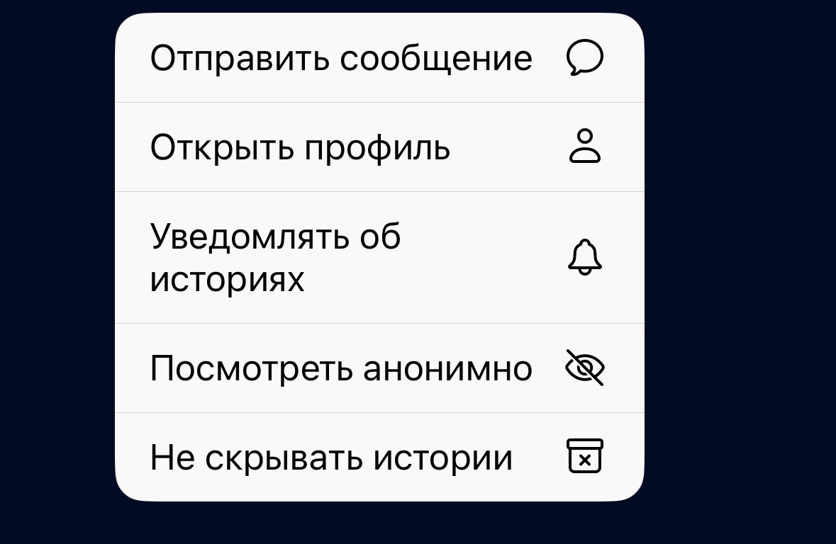 Длинный тап по профилю или истории пользователя вызывает меню анонимного просмотра