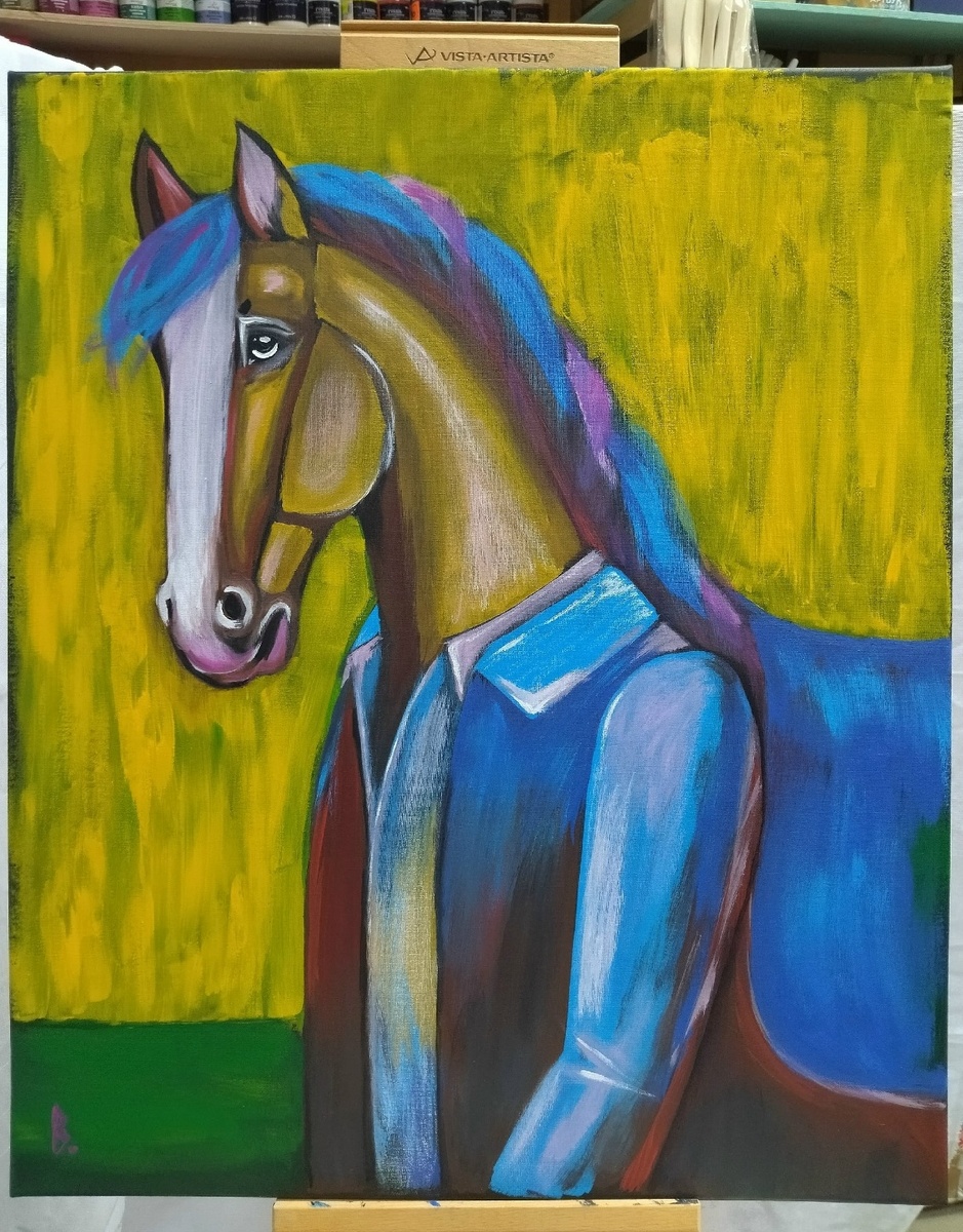 Виктория Телина. "Конь в пальто", холст 50х60, акрил, 2025 г.