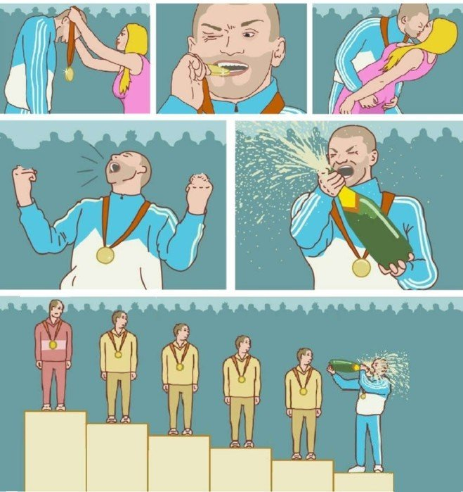 Мем из интернета. Человек на последнем месте радуется сильнее всех остальных.