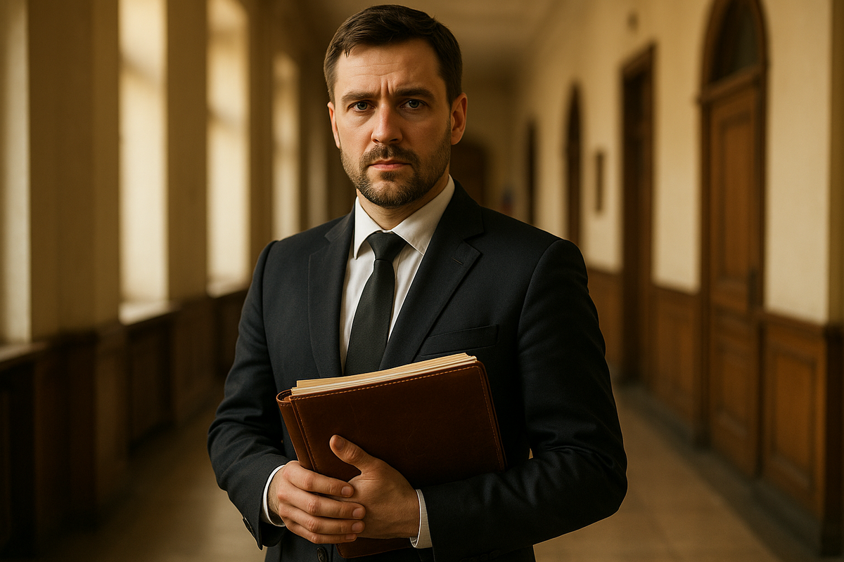 Адвокат с папкой документов в коридоре суда — смягчающие обстоятельства