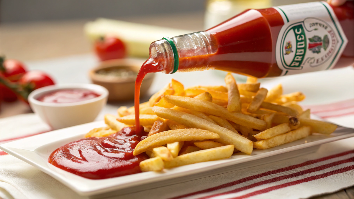 Фото: Классическая бутылка красного томатного кетчупа, из которой соус "льется" на горку золотистой картошки фри.