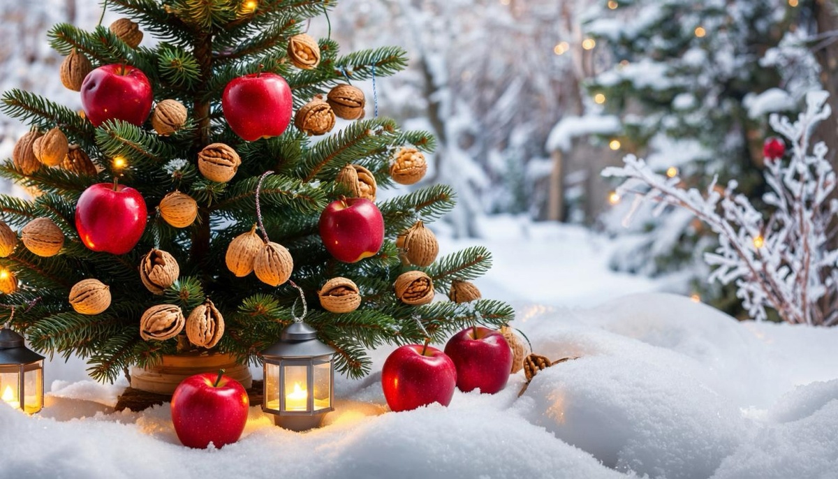 Елка украшена яблоками и орехами