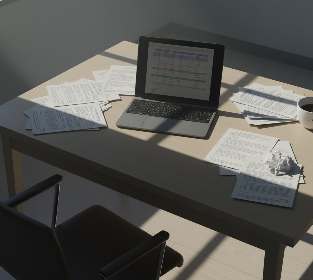 «За столом - видны предметы повседневной жизни, но ощущение напряжения».