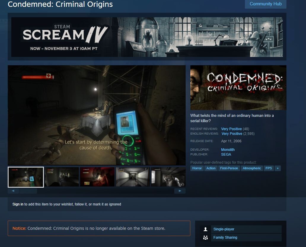    Хоррор Condemned: Criminal Origins убрали из продажи в Steam и на Xbox 360