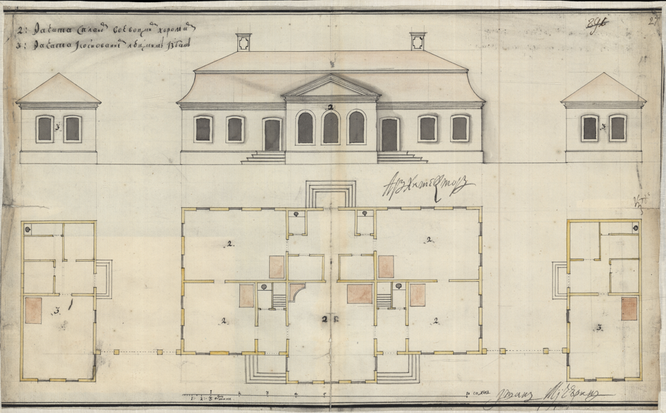 Планы и фасады одноэтажного деревянного воеводского дома и 2-х людских
изб. Проект. РГАДА фонд 248 опись 160 дело 1850