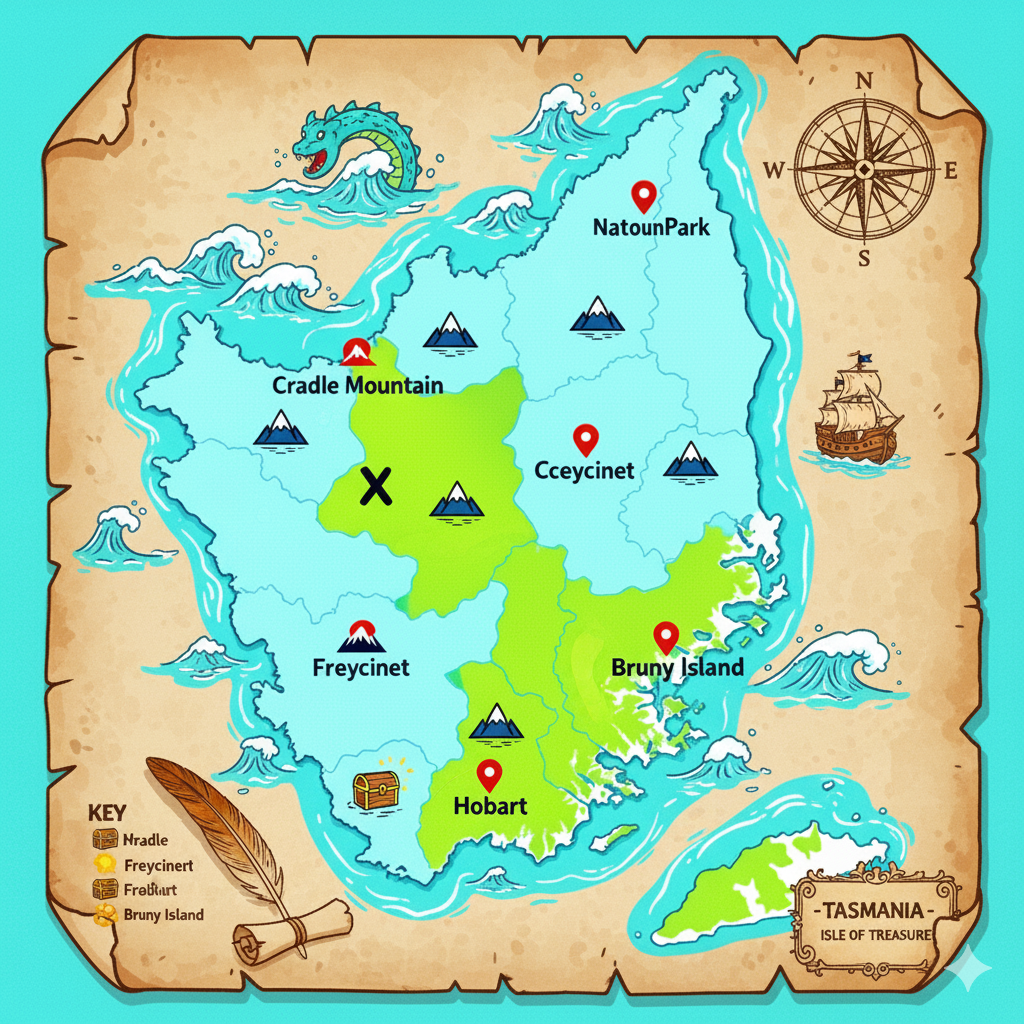 Карта Тасмании с указанием основных регионов и туристических достопримечательностей