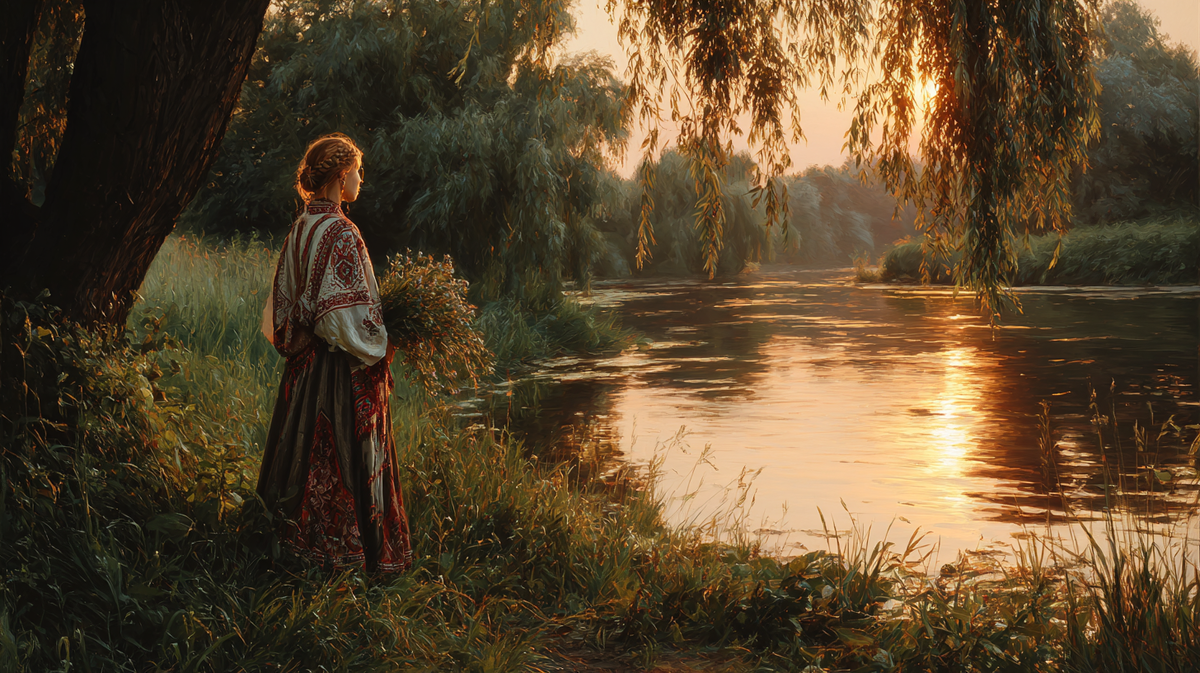 Вечер опускается на берега реки… Слышишь, как природа замирает в ожидании?
Здесь, между светом и тенью, оживают древние легенды. Молодая девушка приносит дары у омутной воды — и встречает самого хозяина речных глубин.